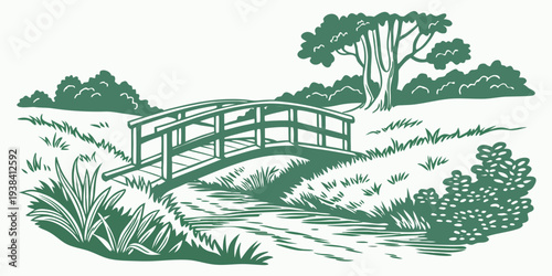 A serene landscape with rolling hills and a winding river under a clear sky. Vector