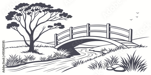 A serene landscape featuring a traditional stone bridge over a tranquil pond Vector