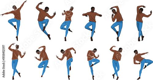 Man Dancing Different Poses Modern Dance Movement Vector Illustration Set