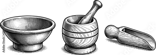 Mortar and pestle and a scoop vintage style woodcut black and white set