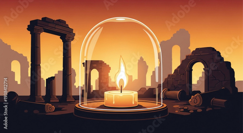 Candle in glass dome surrounded by ancient ruins at sunset with warm orange glow and dramatic shadows