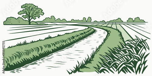 A picturesque view of a lush green field with a winding dirt path Vector
