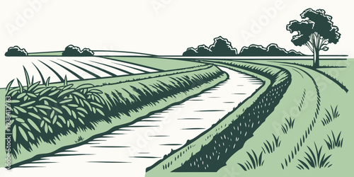 A serene countryside scene with a winding road and lush green fields Vector