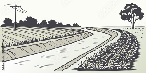 A winding road through a rural landscape with a solitary tree in the distance Vector