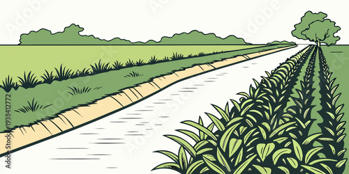 A serene landscape of a long, straight road stretching into the distance, bordered by lush green fields Vector