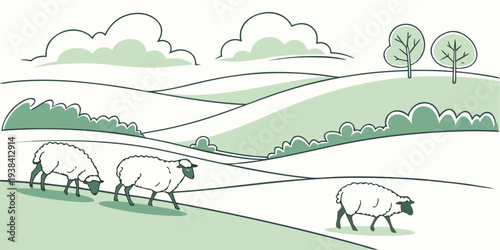 A serene landscape with rolling hills, trees, and grazing animals under a clear sky Vector
