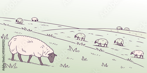 A whimsical scene of a pig flying over a landscape with various animals and objects. Vector