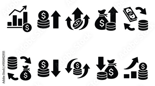 Financial operations pixel perfect black glyph icons bundle, editable stroke signs