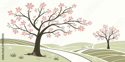 Two trees on a hillside with pink blossoms against a green backdrop Vector