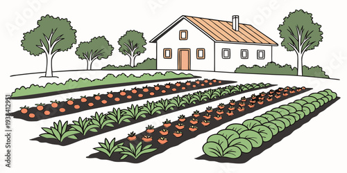 A serene farm landscape with a house, trees, and neatly arranged crops. Vector