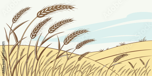 Canvas Print Tall golden grass swaying gently in a vast open field under a clear blue sky Vec
