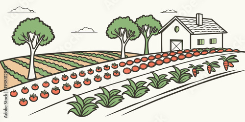 A large farm with a house and various agricultural activities in the background Vector