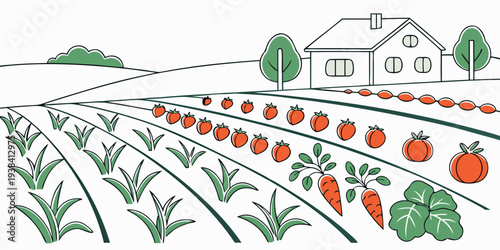 A vibrant illustration of a farm with various crops and farm animals. Vector