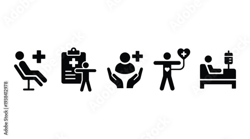 Medical care icons set, patient on a chair, medical record, human care, donation