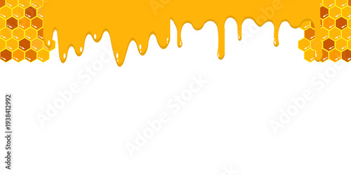Golden honey dripping background combined with honeycomb hexagon pattern. Sweet honey drip border with copy space, perfect for honey products, beekeeping themes, organic food design, banners