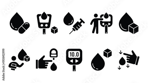Diabetes icons set, blood drop, pill, glucometer, insulin syringe, sugar cube