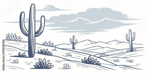 A serene winter landscape with sparse cacti and distant mountains under a clear sky Vector