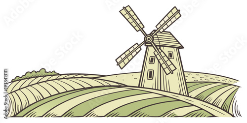 A picturesque windmill standing tall on a lush green hillside Vector