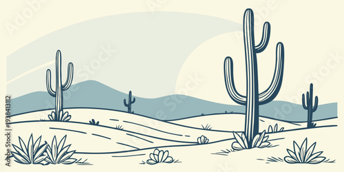 A serene desert landscape with cacti and distant mountains under a clear blue sky Vector