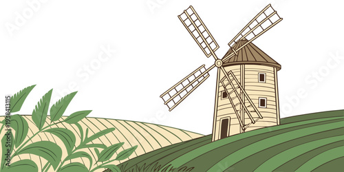 A picturesque windmill standing tall in a vast field of golden wheat under a clear blue sky Vector