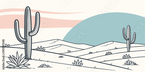 A serene desert landscape with cacti and a distant mountain range under a clear sky Vector