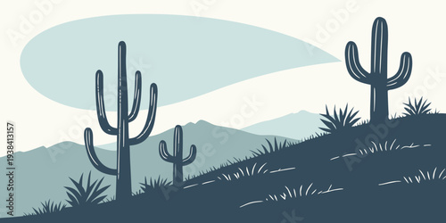 A serene desert landscape with cacti under a clear blue sky and fluffy clouds Vector