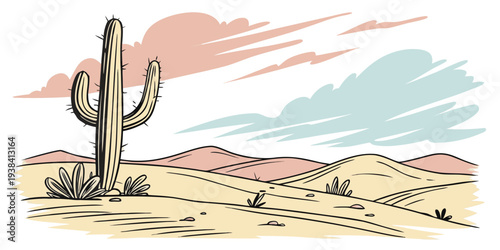 A lone cactus stands tall in a vast desert landscape under a cloudy sky. Vector
