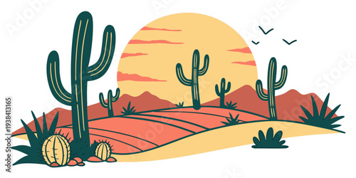 A serene desert landscape with cacti and a vibrant sunset sky Vector