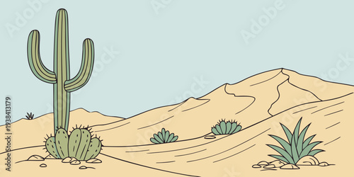 A lone cactus stands tall in a vast desert landscape with rolling hills and sparse vegetation. Vector
