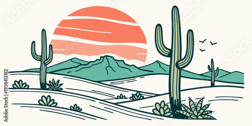 A serene desert landscape with a sunset and a lone cactus Vector