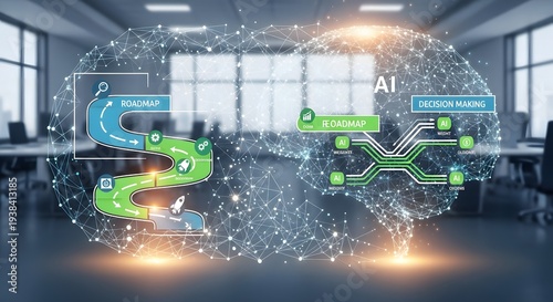 A futuristic illustration of a brain with AI and roadmap graphics in a modern office setting