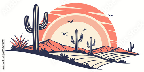 A serene desert landscape with a vibrant sunset and scattered cacti Vector