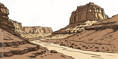 A vast desert landscape with towering rock formations and winding paths Vector