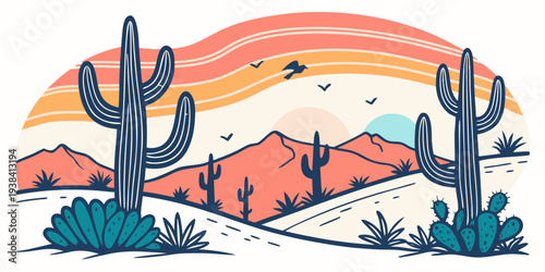 A vibrant sunset over a desert landscape with cacti and rolling sand dunes Vector