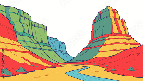 A vibrant and colorful illustration of a mountain landscape with rolling hills and valleys Vector