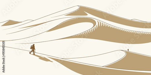 Aerial view of a vast desert landscape with sand dunes and clear skies Vector