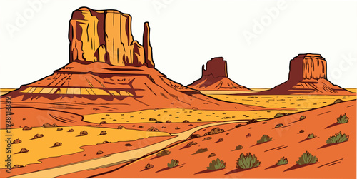 A vast desert landscape with towering red rock formations and a clear blue sky. Vector