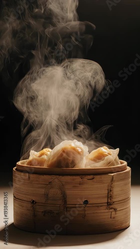 Asian local taste of steaming dim sum in bamboo basket with thick steam