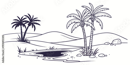 Three palm trees standing tall near a body of water with mountains in the background Vector