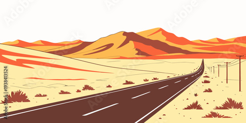 A winding road through a vast desert landscape with rolling sand dunes and distant mountains. Vector
