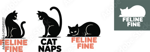 Three black silhouettes of cats are displayed with text reading feline and cat naps high-quality