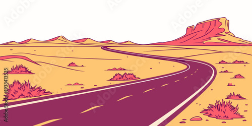 A winding road stretches through a vast, arid desert landscape under a clear blue sky. Vector