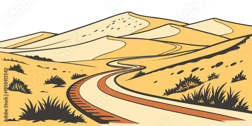 A winding road through a vast, arid landscape with sparse vegetation and rolling hills Vector