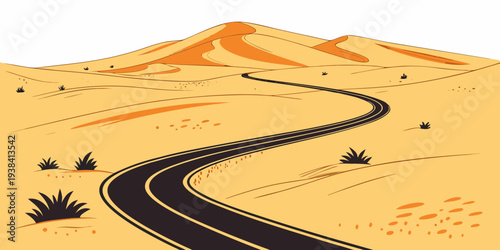 A winding road through a vast desert landscape with sparse vegetation. Vector