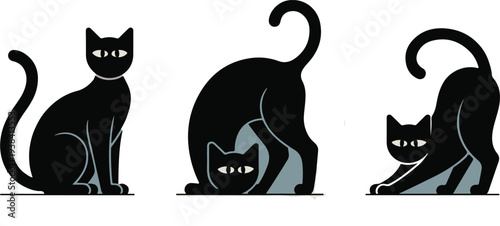 Stylized black cats in various stretching poses depicted in a graphic modern illustration high-quality professional