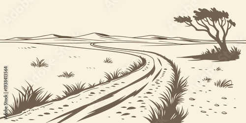 A winding dirt path leads through a serene, sunlit landscape with rolling hills and scattered trees. Vector