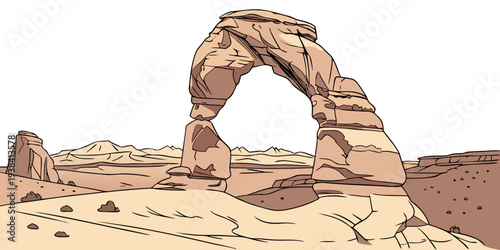 A majestic natural arch formation stands tall in a vast desert landscape under a clear blue sky. Vector