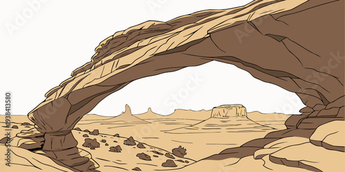 A majestic natural arch formation stands tall in a vast desert landscape. Vector