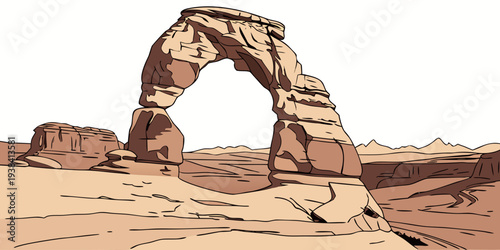 A majestic desert arch formation stands tall against the clear blue sky. Vector