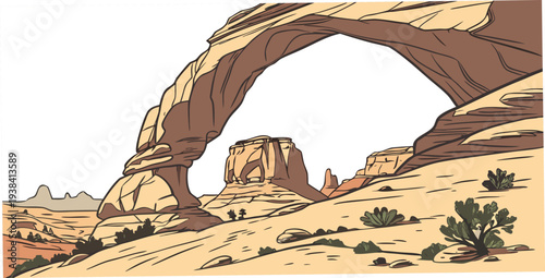 A majestic sandstone arch stands tall against the backdrop of a desert landscape Vector